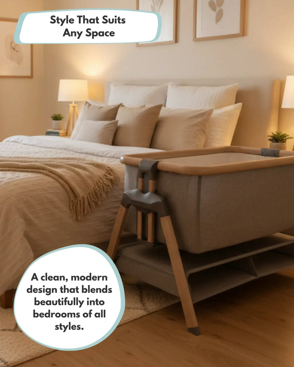 Bedroom with beige bedding and a wooden chair, featuring text about style and design.