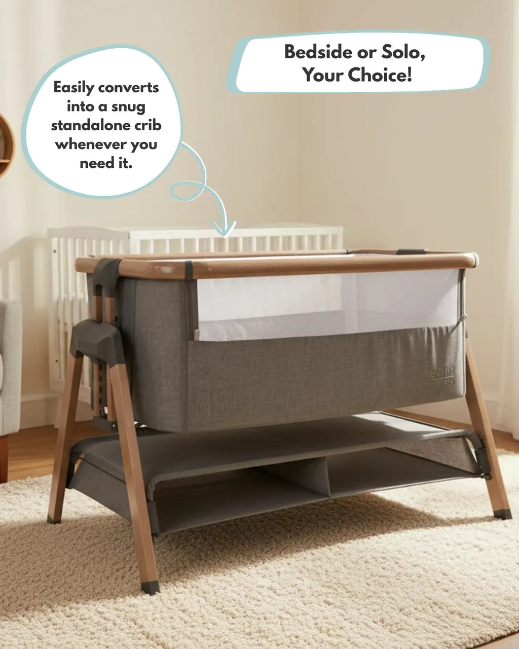 Portable crib with text indicating it can convert into a standalone crib.