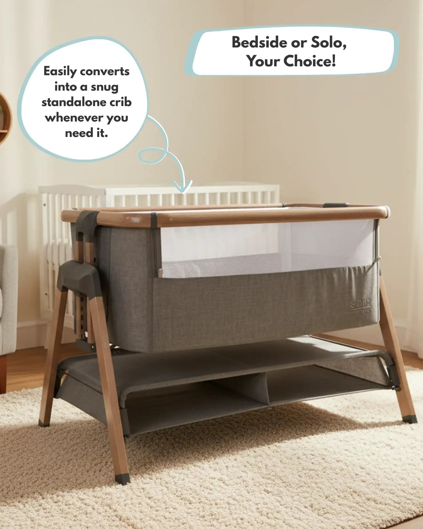 Portable crib with text indicating it can convert into a standalone crib.