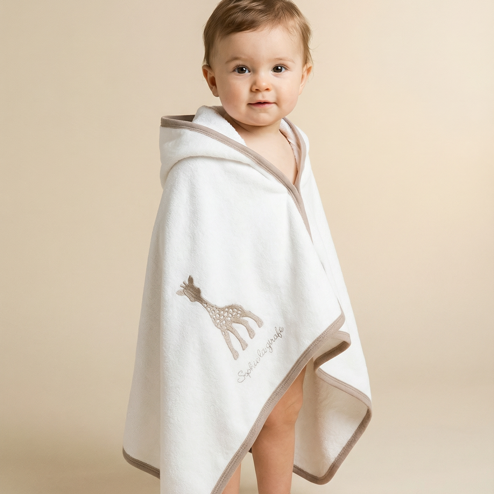 Baby standing with a white hooded towel featuring a giraffe design on a beige background