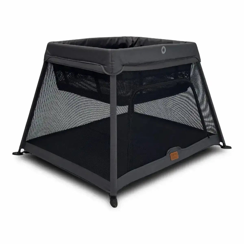 Black portable crib with mesh sides on a white background