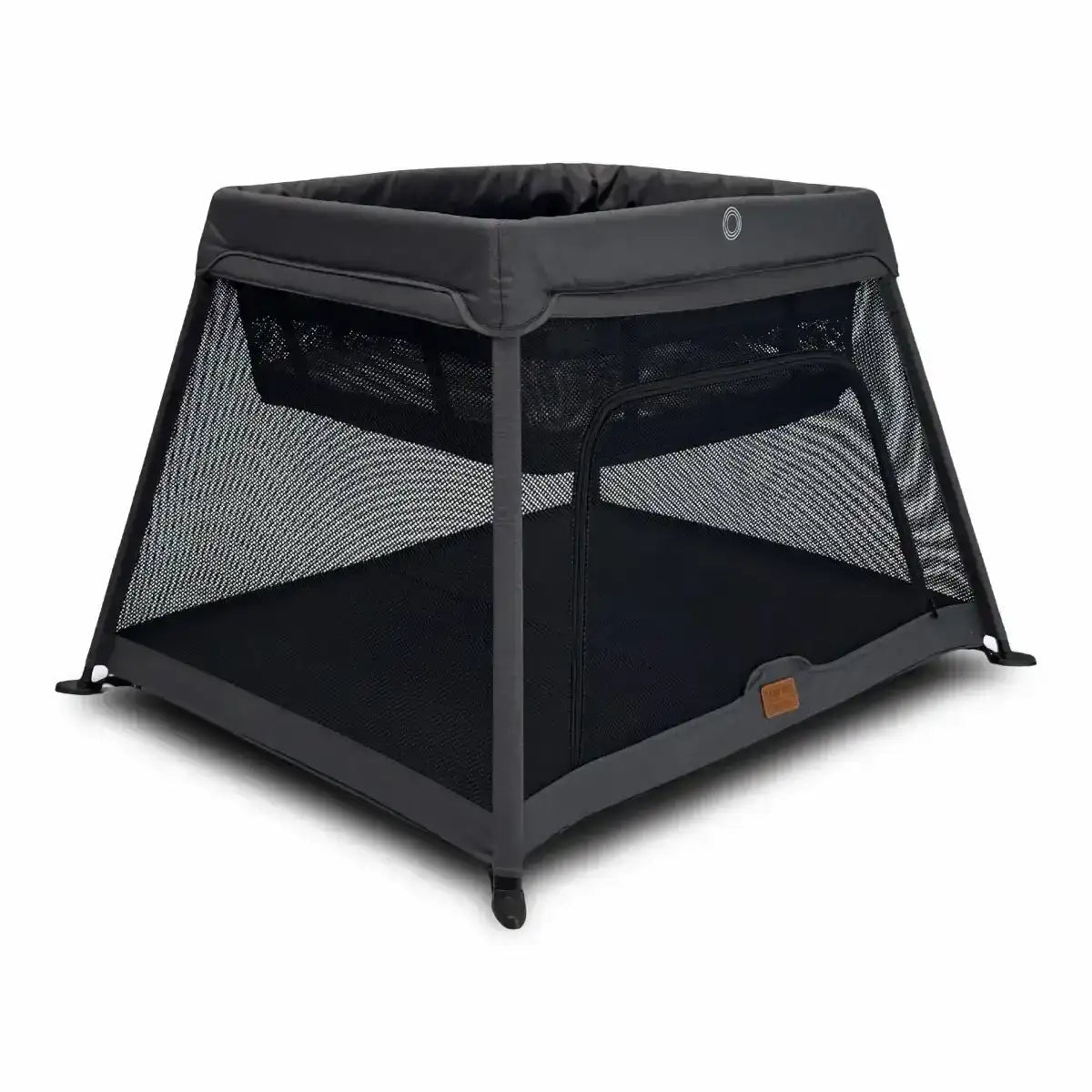Black portable crib with mesh sides on a white background
