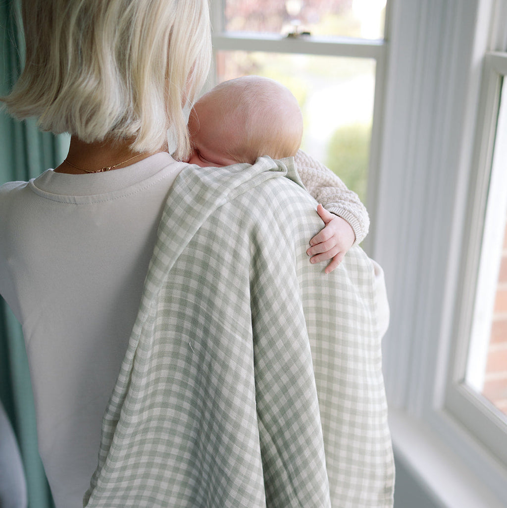 Person holding a baby wrapped in a green checkered blanket by a window