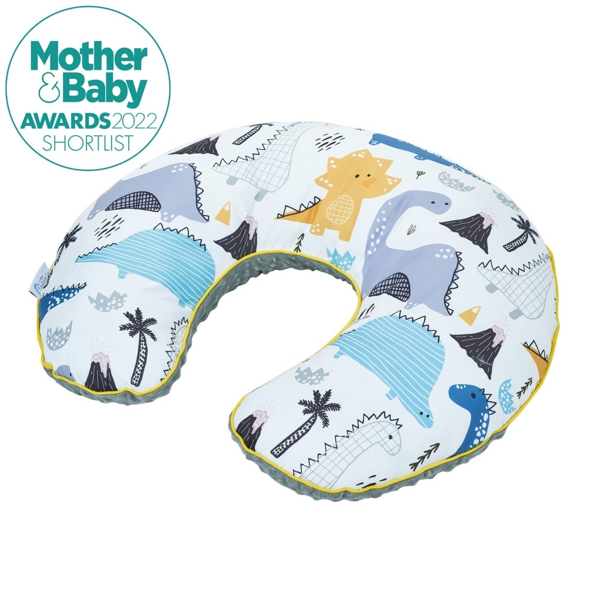 Baby nursing pillow with dinosaur pattern on a white background, featuring 'Mother & Baby Awards 2022 Shortlist' text.