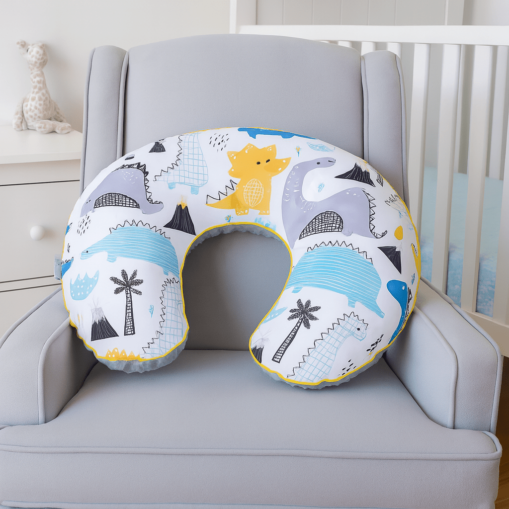 U-shaped pillow with animal patterns on a gray chair in a nursery setting