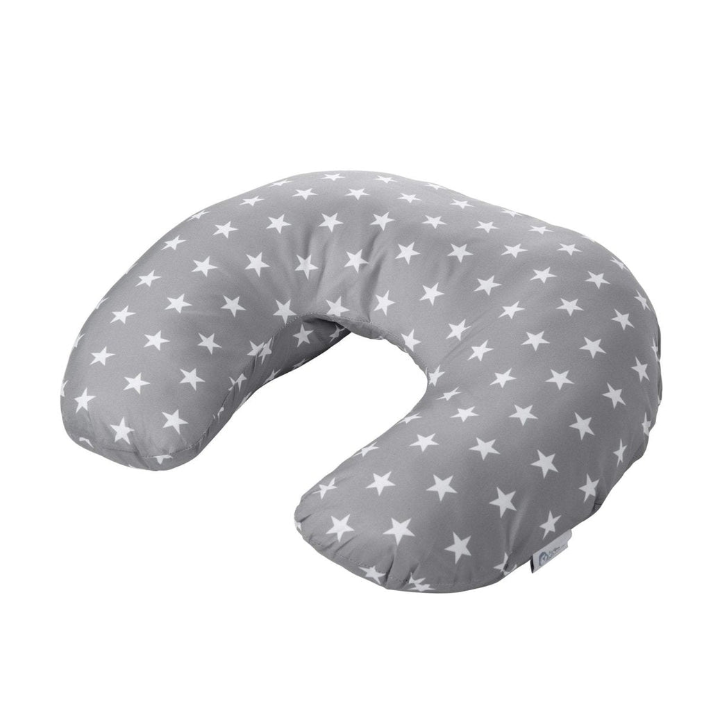 Gray nursing pillow with white star pattern on a white background