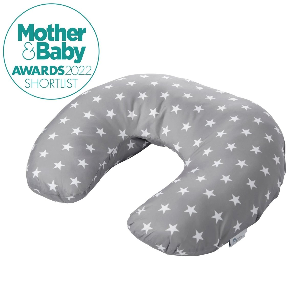 Gray nursing pillow with star pattern on a white background, featuring the Mother & Baby Awards 2022 Shortlist logo.