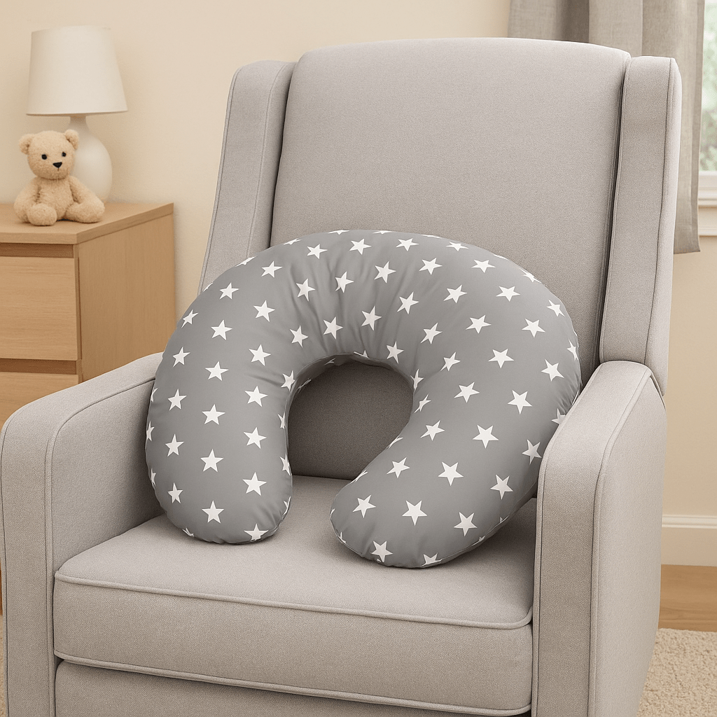 Gray U-shaped pillow with white star pattern on a gray armchair in a room setting.