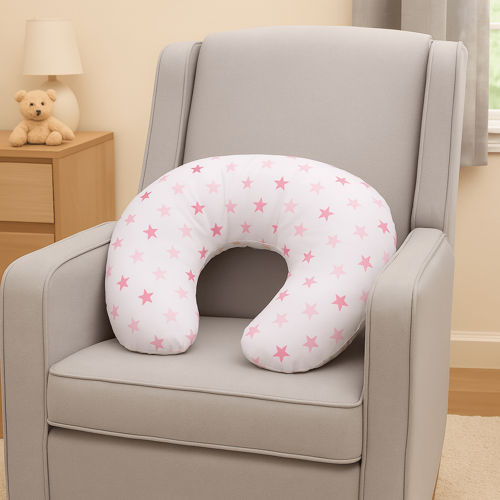 Neck pillow with pink star pattern on a gray armchair in a room setting.