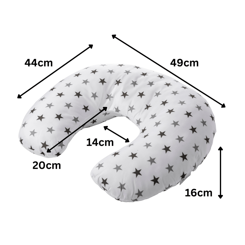 Measurement chart of a U-shaped pillow with star pattern on a white background
