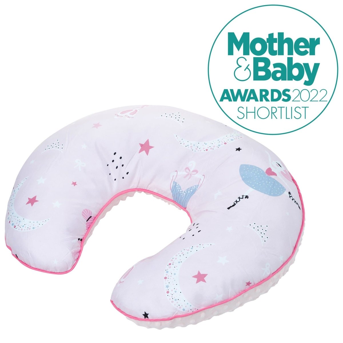 Baby neck pillow with cartoon designs on a white background, featuring 'Mother & Baby Awards 2022 Shortlist' text.
