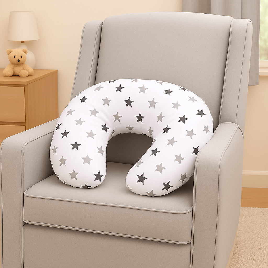 Nursing pillow with star pattern on a gray armchair in a room setting.