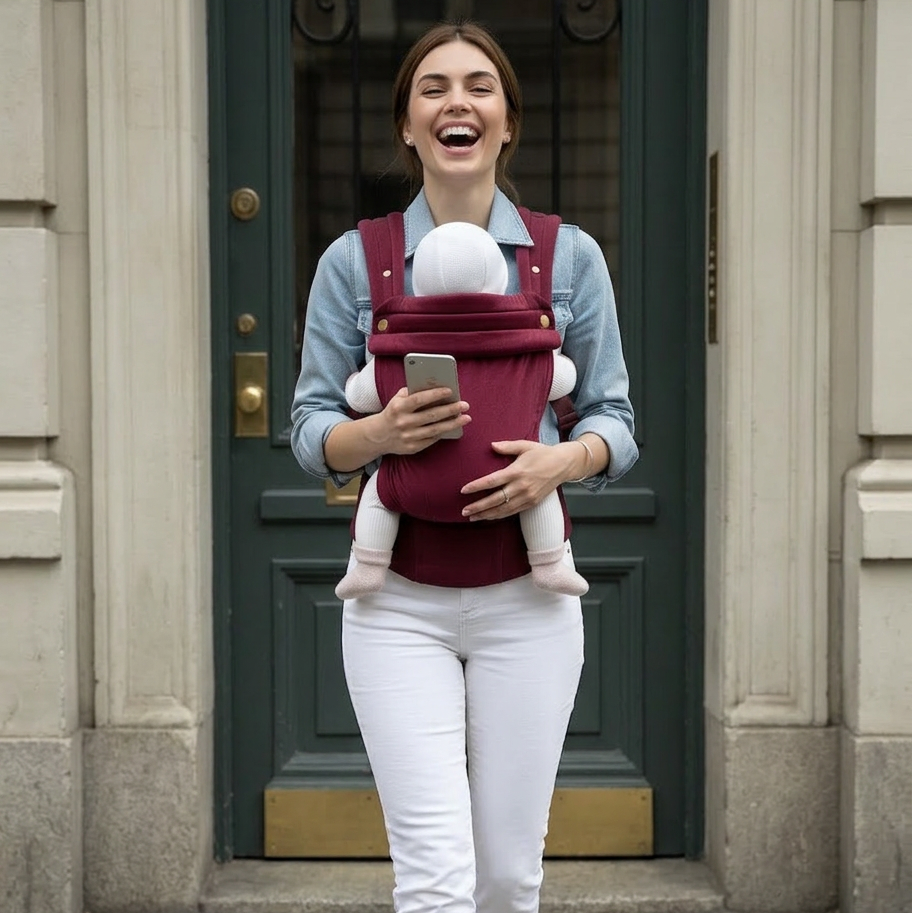 Woman carrying a baby in a sling and using a phone, standing outside a building.