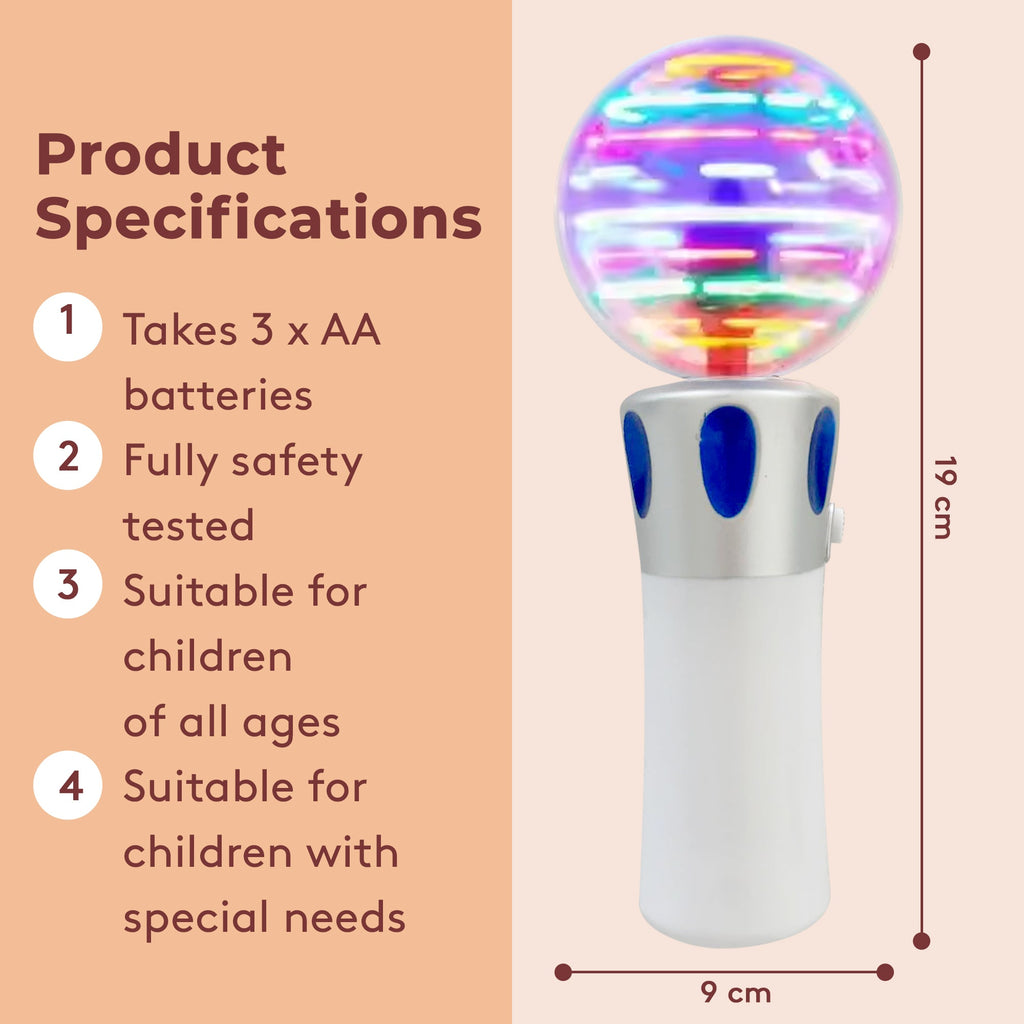 Product specifications for a colorful light-up toy with battery compartment on a peach background.