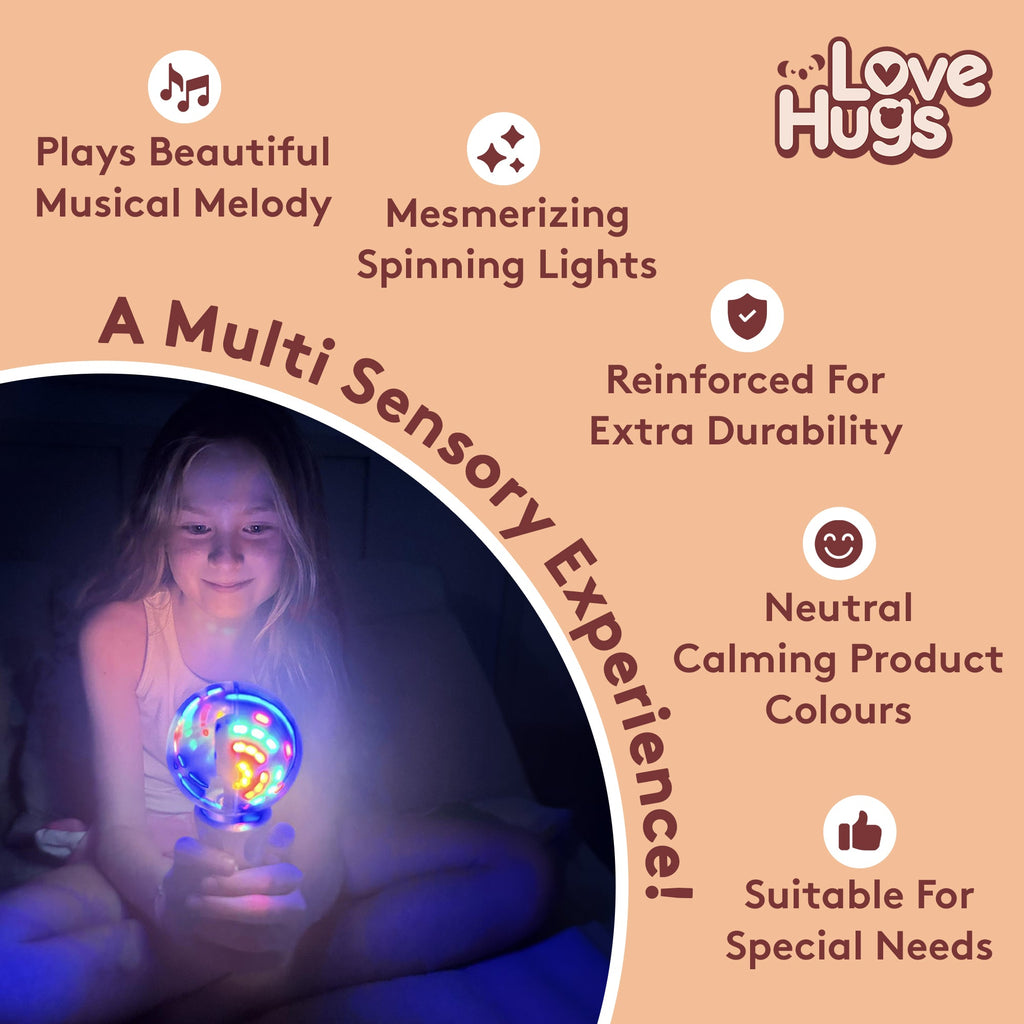 Product advertisement for a multi-sensory product with a child holding it, featuring text about its features.