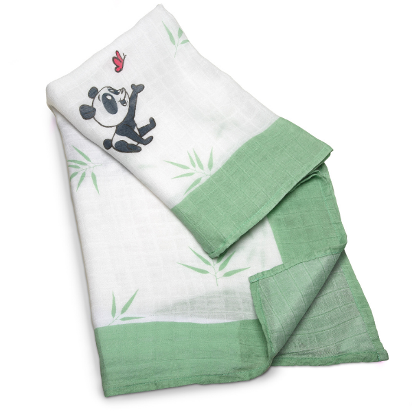 Folded green and white towel with panda design on a white background